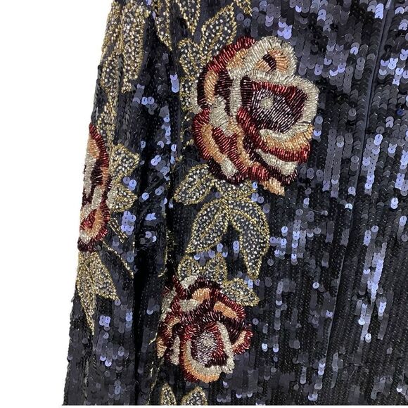 Mac Duggal Dress 20 Blue Sequined Floral Long Sleeve Midi Dress 93624 Modest - Picture 11 of 16